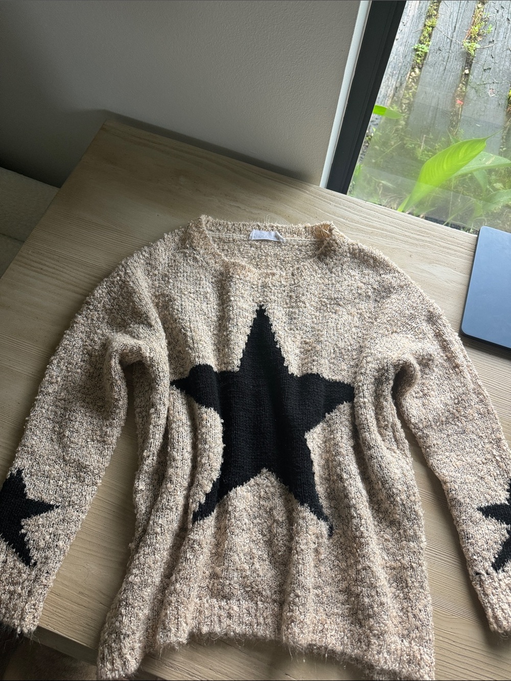 Cozy Beige Star Knit Sweater - Black Star Detail